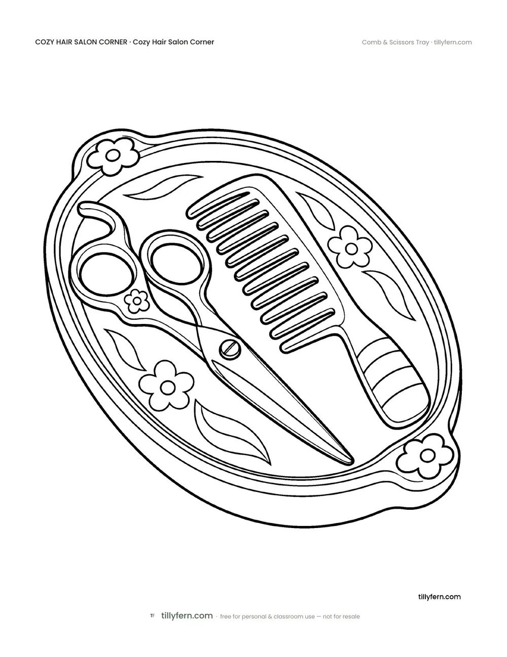 Comb & Scissors Tray — free hair salon corner coloring page from Cozy Hair Salon Corner