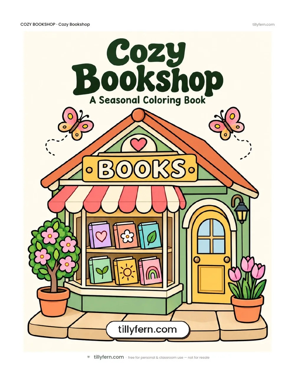 Cozy Bookshop coloring book — cover and all 6 pages in one PDF