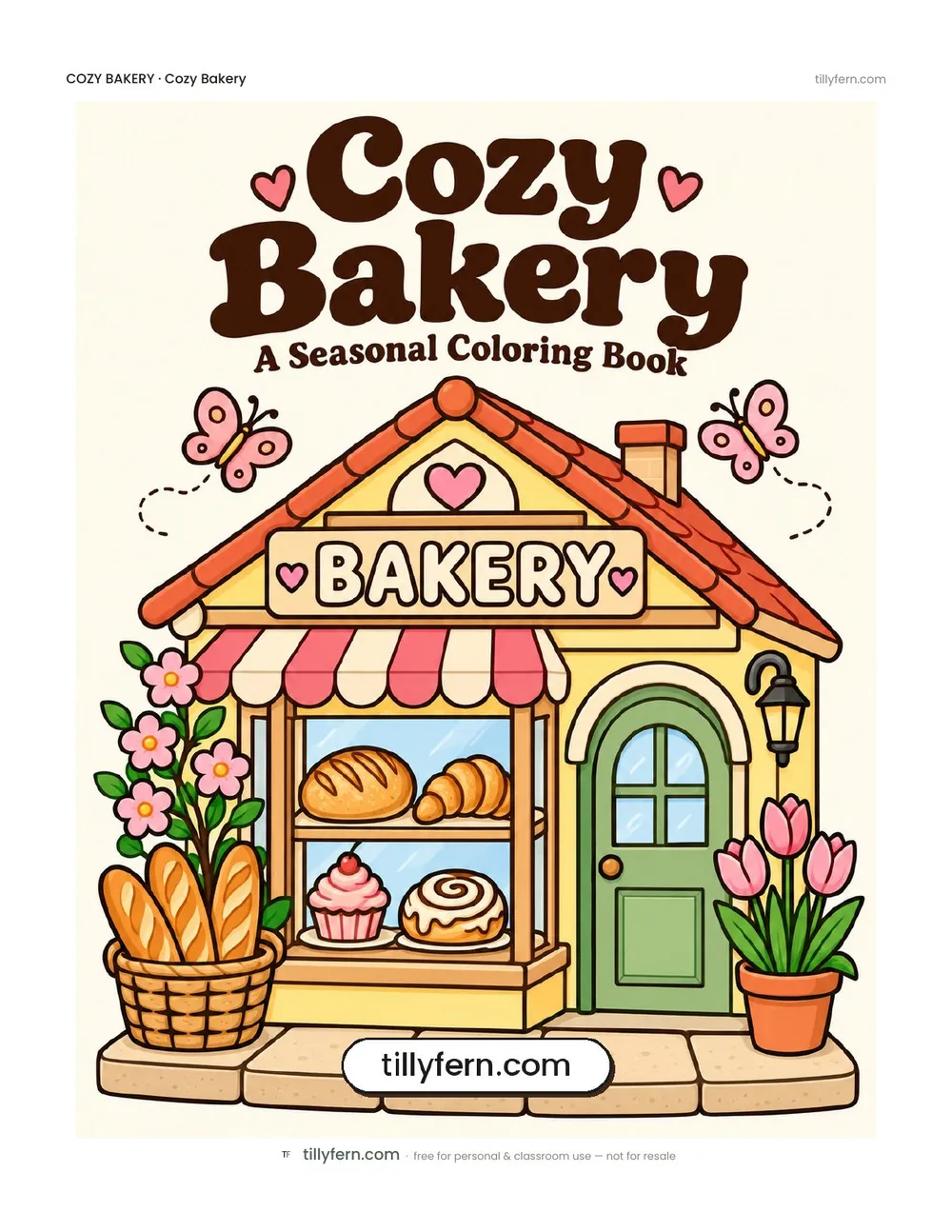 Cozy Bakery coloring book — cover and all 6 pages in one PDF