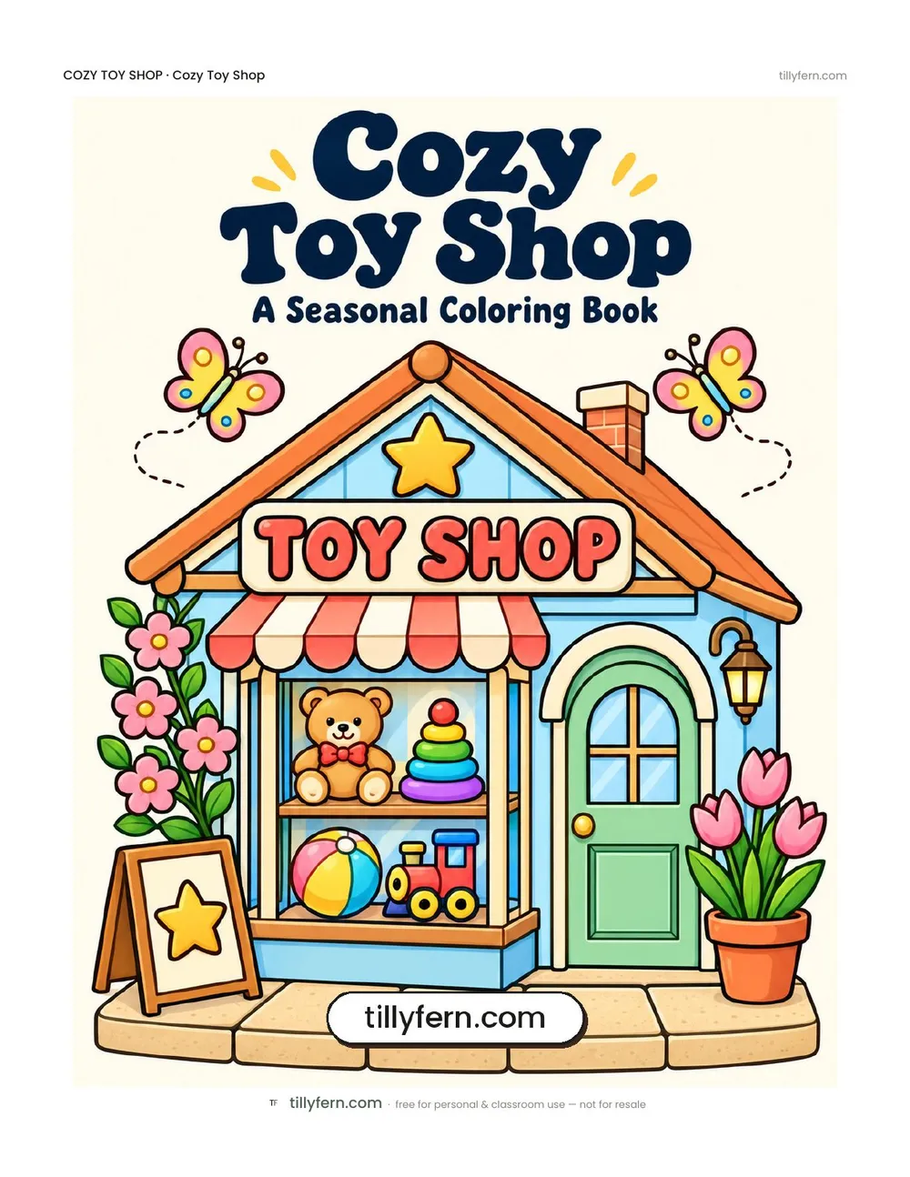 Cozy Toy Shop coloring book — cover and all 6 pages in one PDF