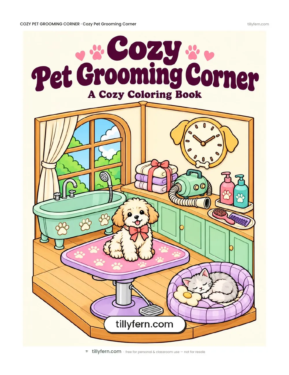 Cozy Pet Grooming Corner coloring book — cover and all 9 pages in one PDF