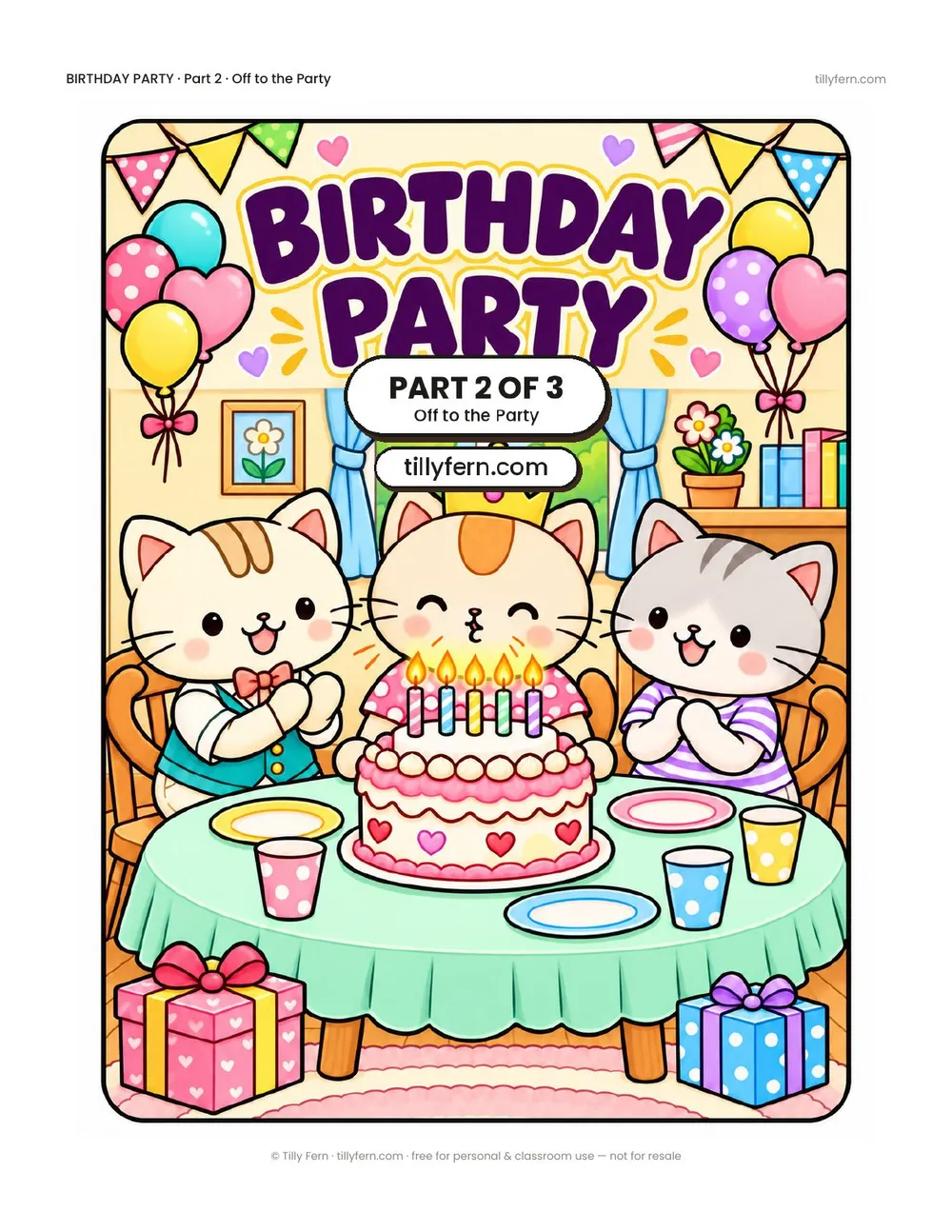 Birthday Party coloring book, Part 2 of 3: Off to the Party — cover and all 6 pages in one PDF