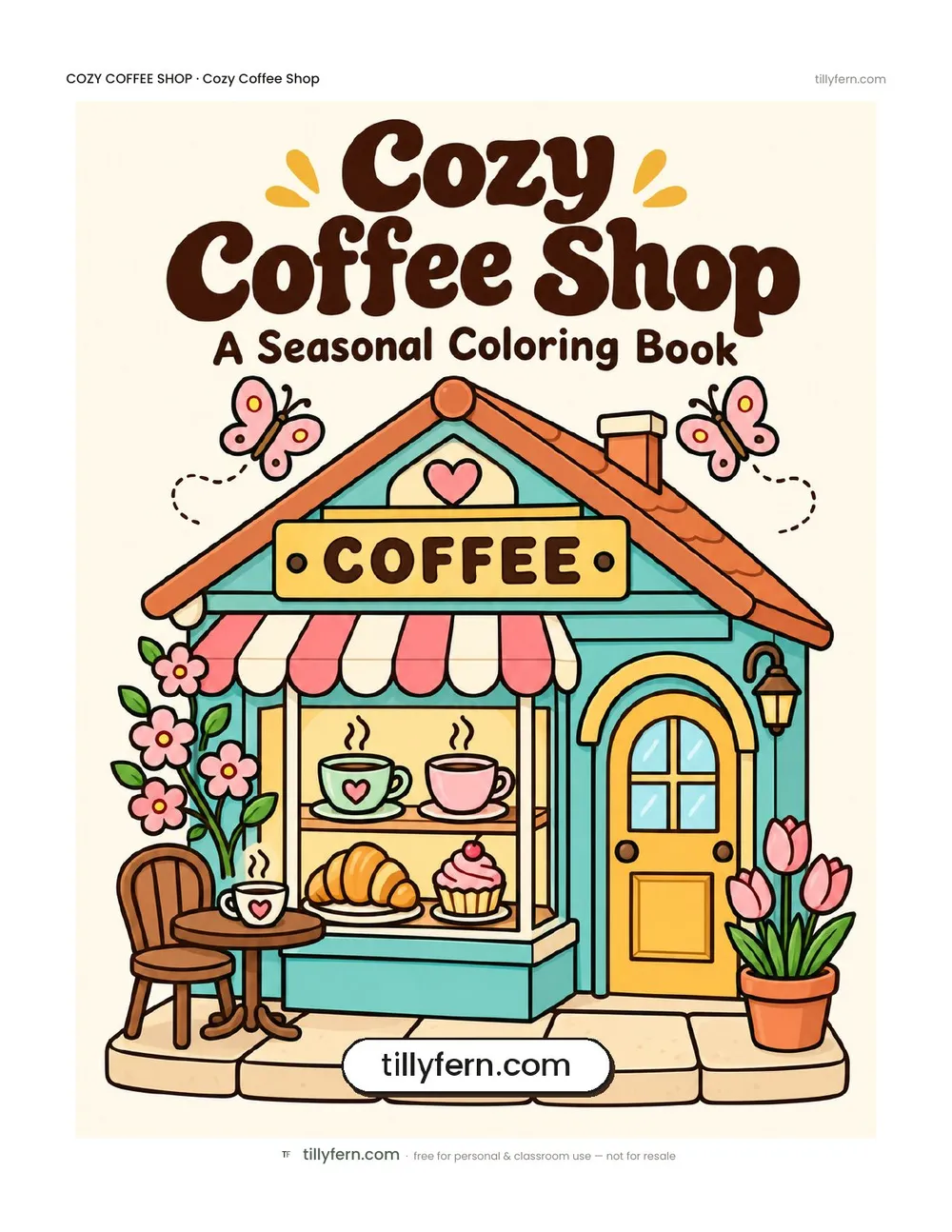 Cozy Coffee Shop coloring book — cover and all 6 pages in one PDF