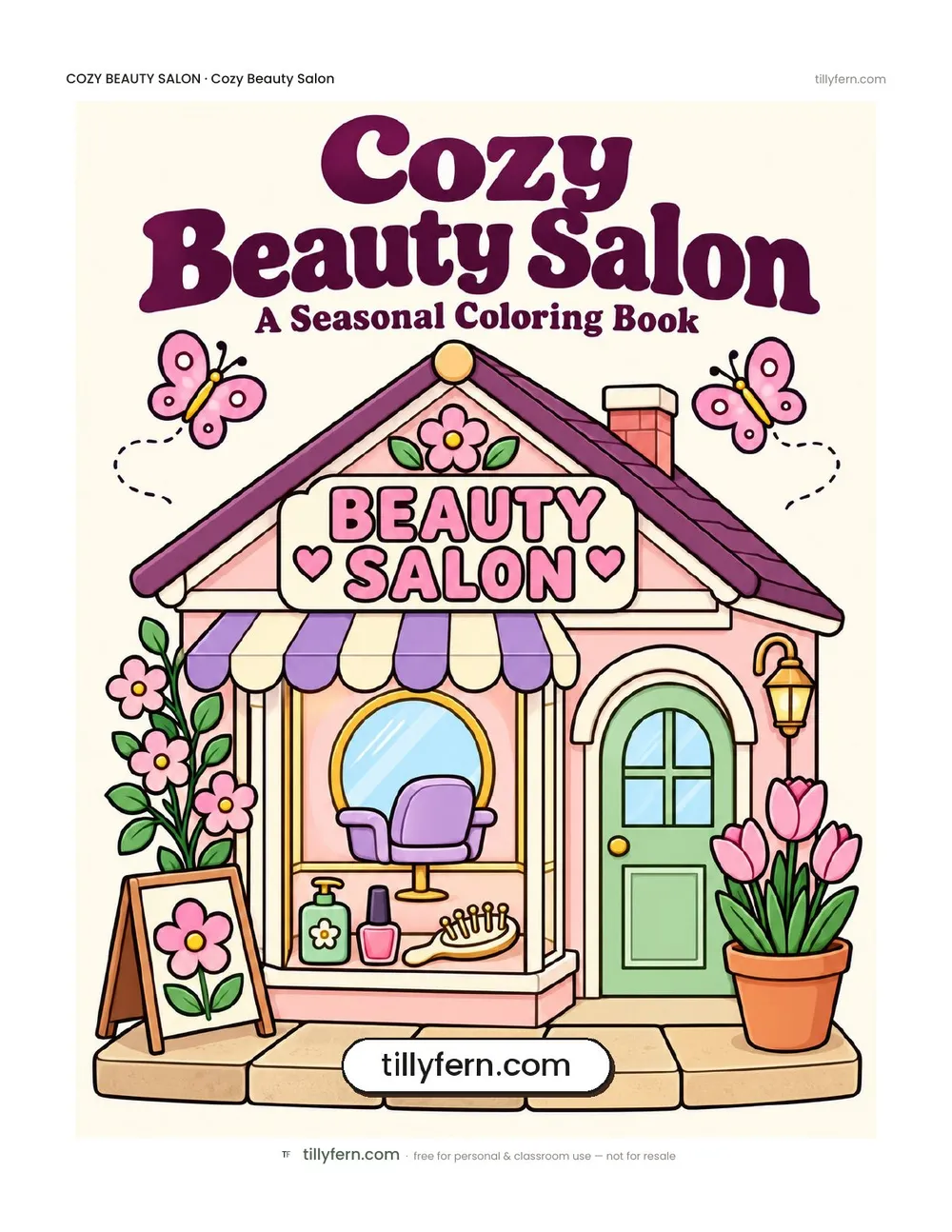 Cozy Beauty Salon coloring book — cover and all 6 pages in one PDF