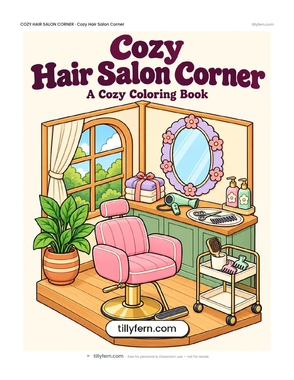 Cozy Hair Salon Corner coloring book — cover and all 9 pages in one PDF