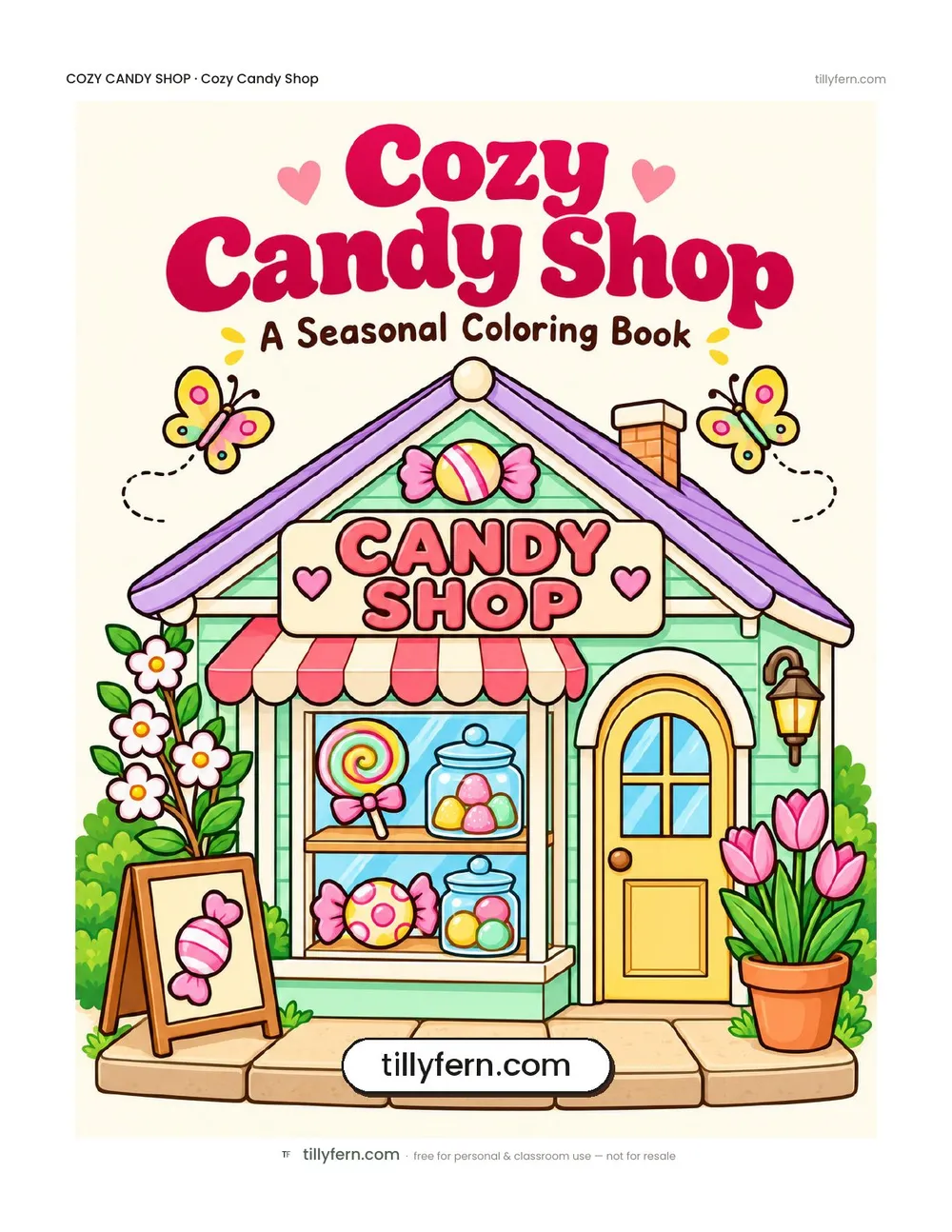 Cozy Candy Shop coloring book — cover and all 6 pages in one PDF