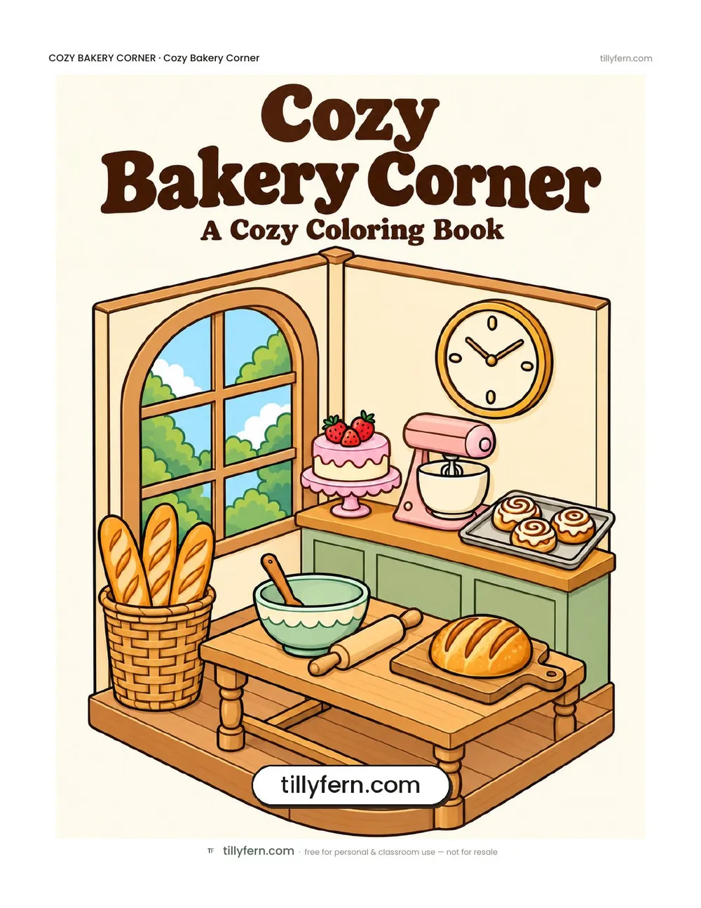 Cozy Bakery Corner coloring book — cover and all 9 pages in one PDF
