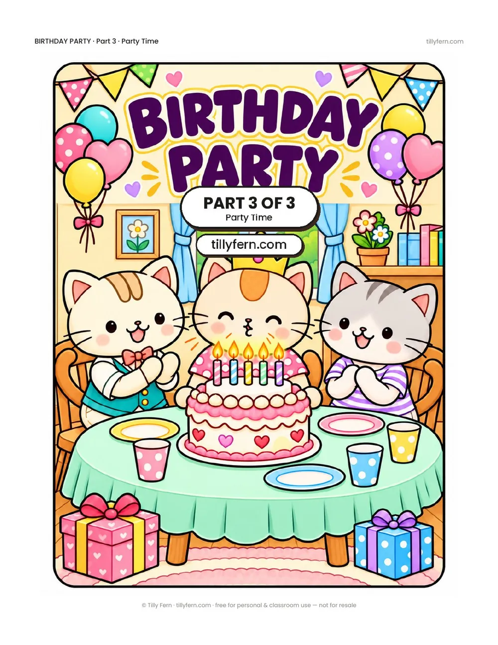 Birthday Party coloring book, Part 3 of 3: Party Time — cover and all 6 pages in one PDF
