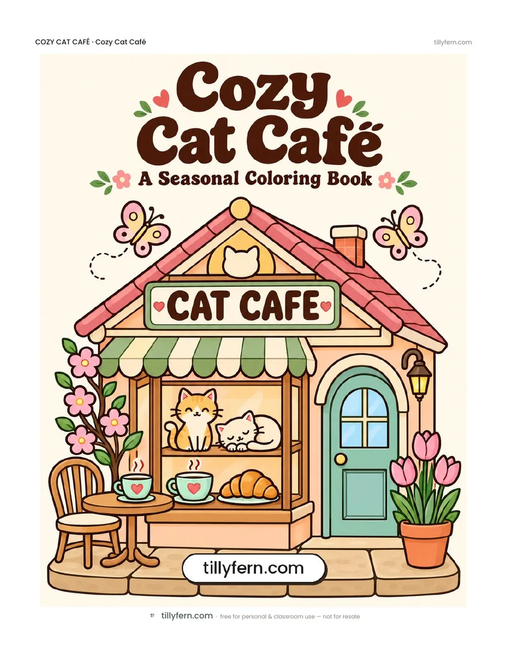 Cozy Cat Café coloring book — cover and all 6 pages in one PDF
