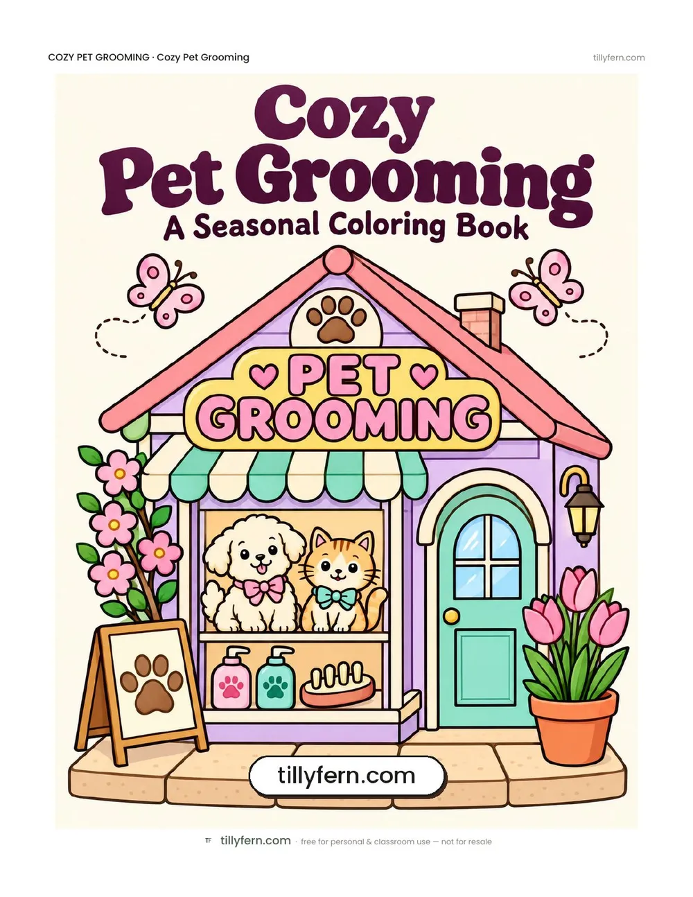 Cozy Pet Grooming coloring book — cover and all 6 pages in one PDF