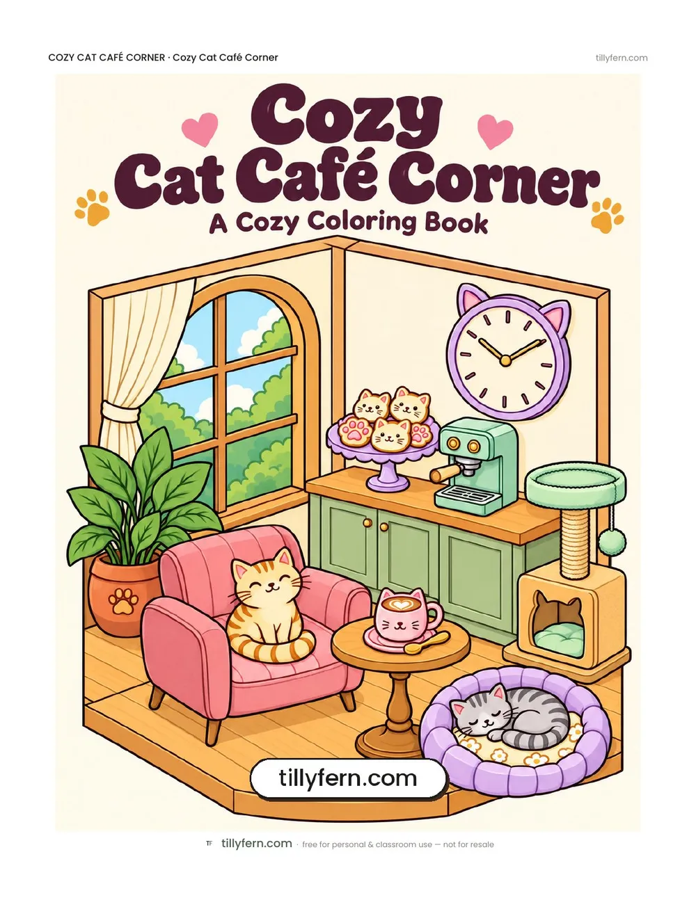 Cozy Cat Café Corner coloring book — cover and all 9 pages in one PDF