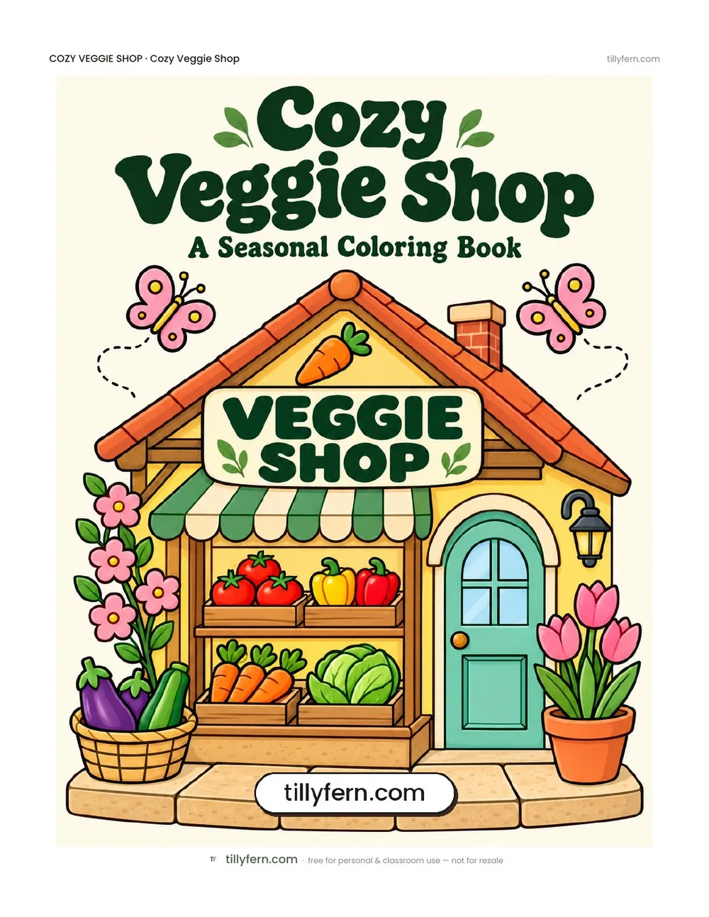 Cozy Veggie Shop coloring book — cover and all 6 pages in one PDF