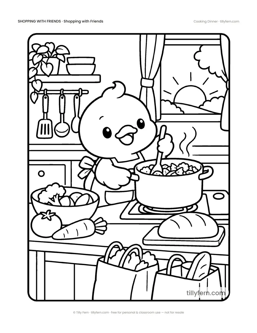 Cooking Dinner — free grocery store coloring page from Shopping with Friends