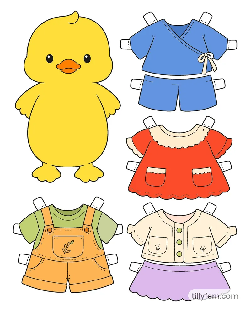 Cozy Everyday Wardrobe — Duck & Outfits — colored example of the coloring page in bright colors