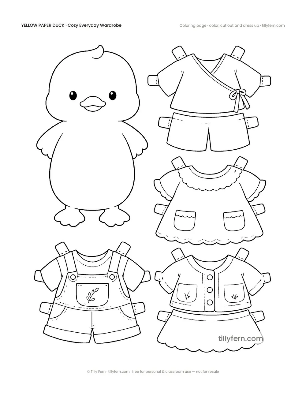 Cozy Everyday Wardrobe — Duck & Outfits — free printable yellow paper duck coloring page