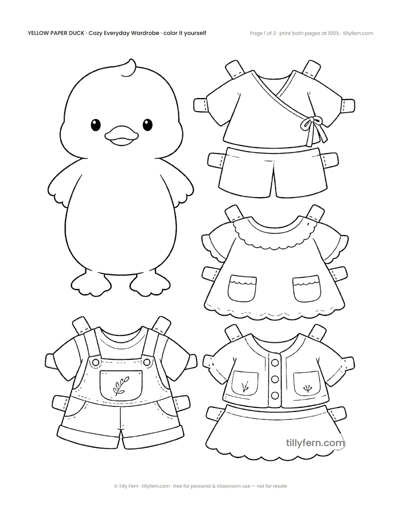 Cozy Everyday Wardrobe — black and white paper doll and clothes to color in