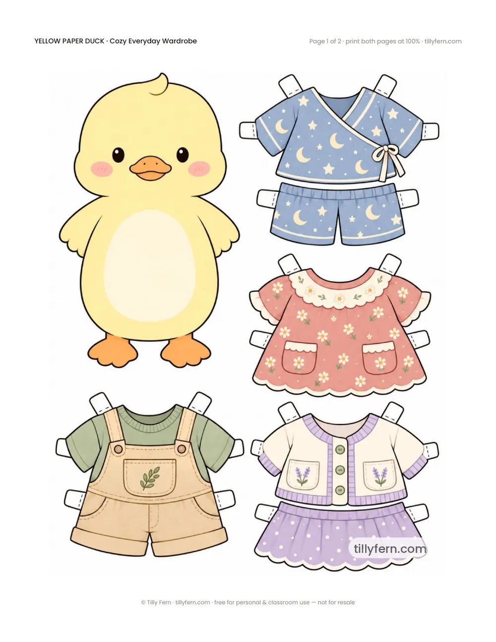 Cozy Everyday Wardrobe — free printable yellow paper duck paper doll with clothes, page 1 of 2
