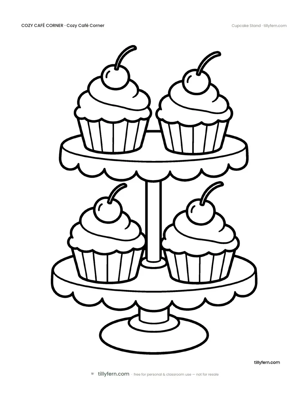 Cupcake Stand — free café corner coloring page from Cozy Café Corner