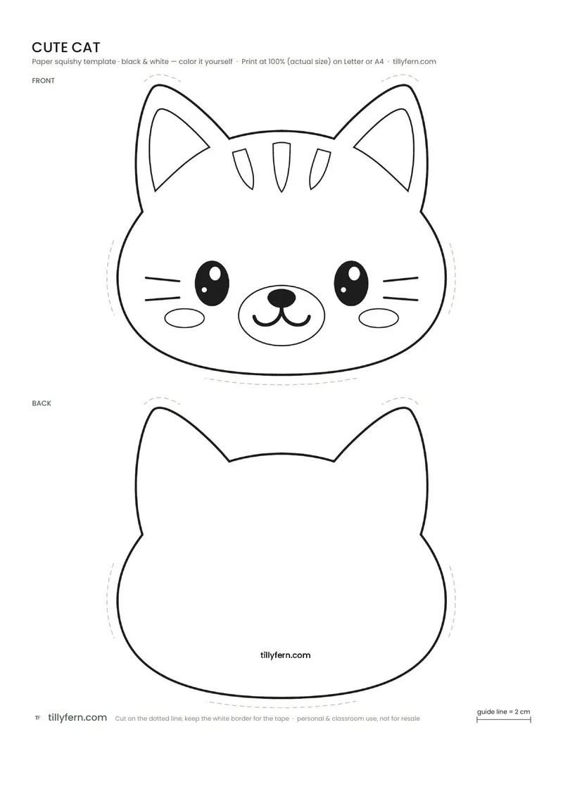Cute Cat — black and white paper squishy template to color in