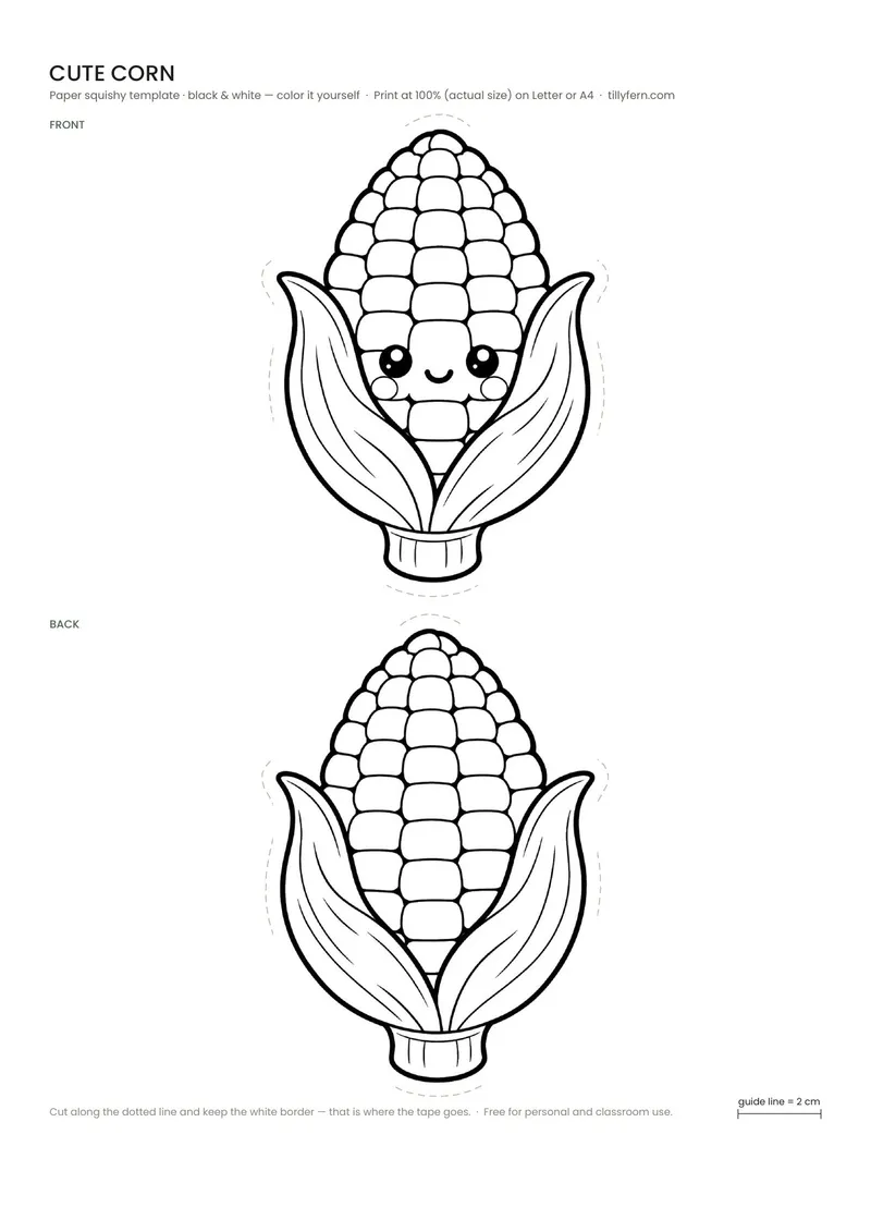Cute Corn — black and white paper squishy template to color in