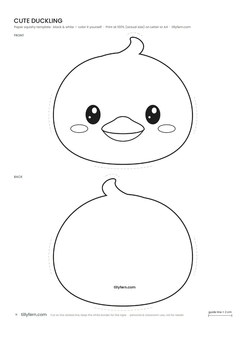 Cute Duckling — black and white paper squishy template to color in