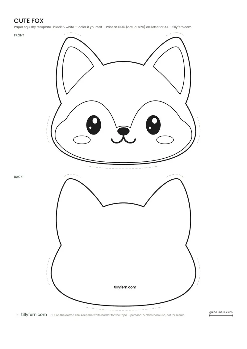 Cute Fox — black and white paper squishy template to color in