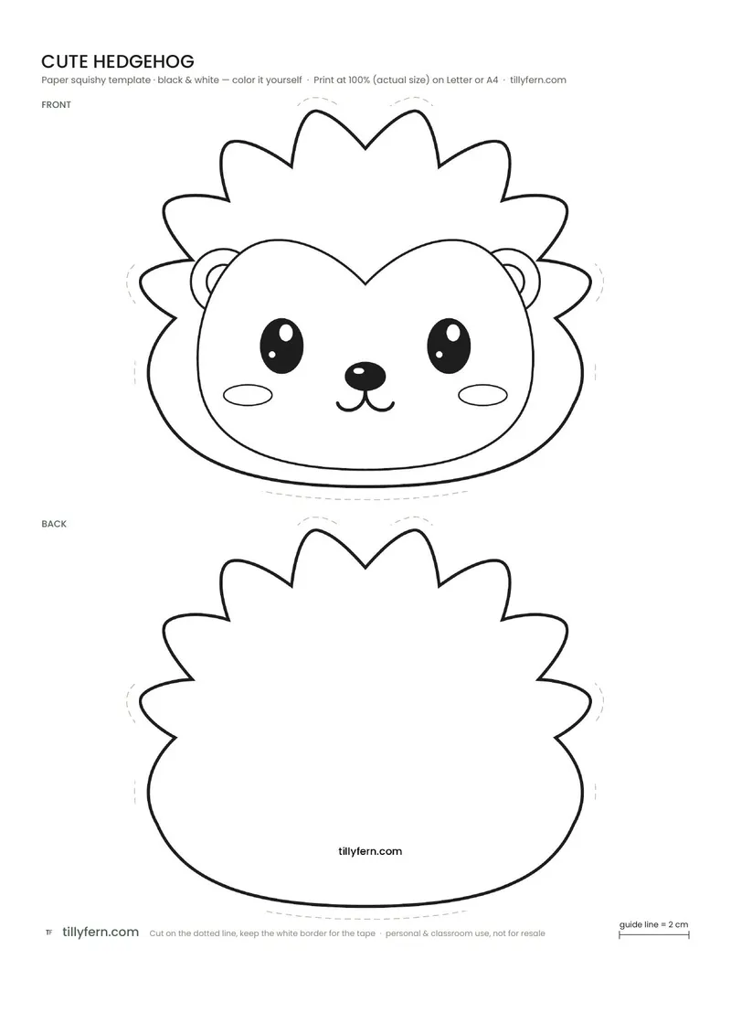 Cute Hedgehog — black and white paper squishy template to color in