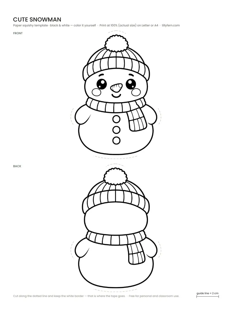 Cute Snowman — black and white paper squishy template to color in