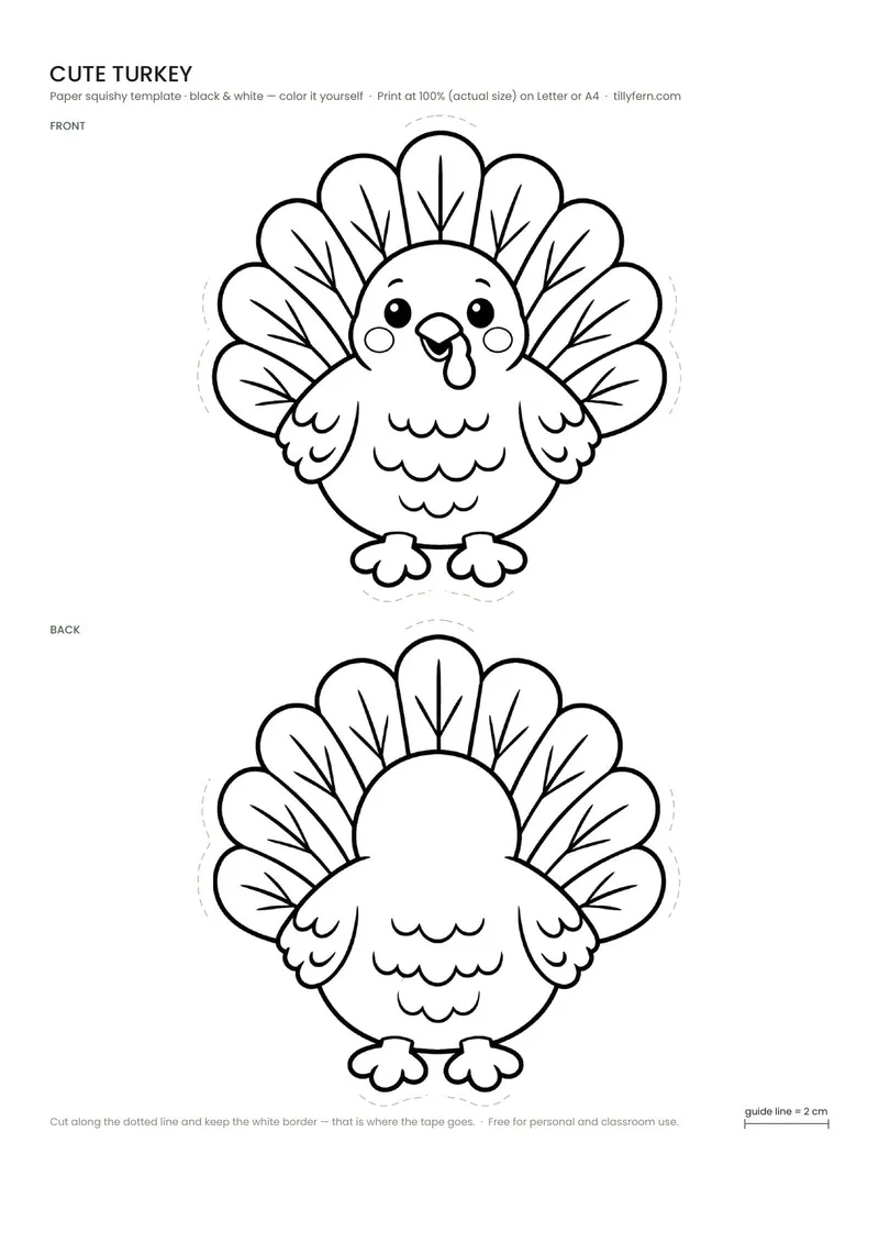 Cute Turkey — black and white paper squishy template to color in