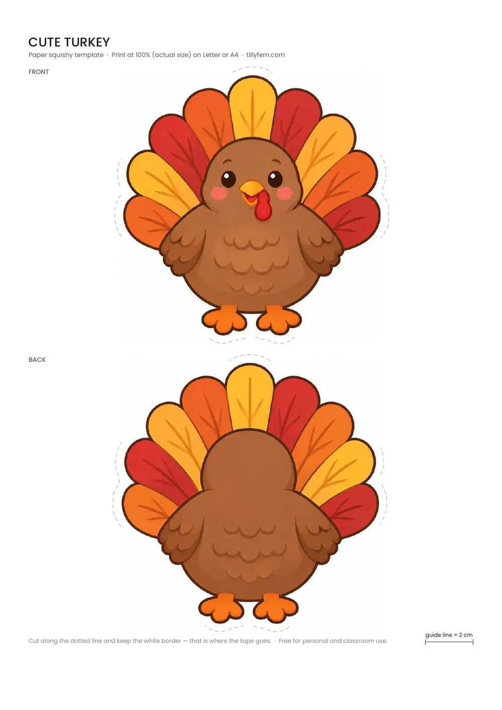 Cute Turkey — free printable paper squishy from Fall Paper Squishy Templates
