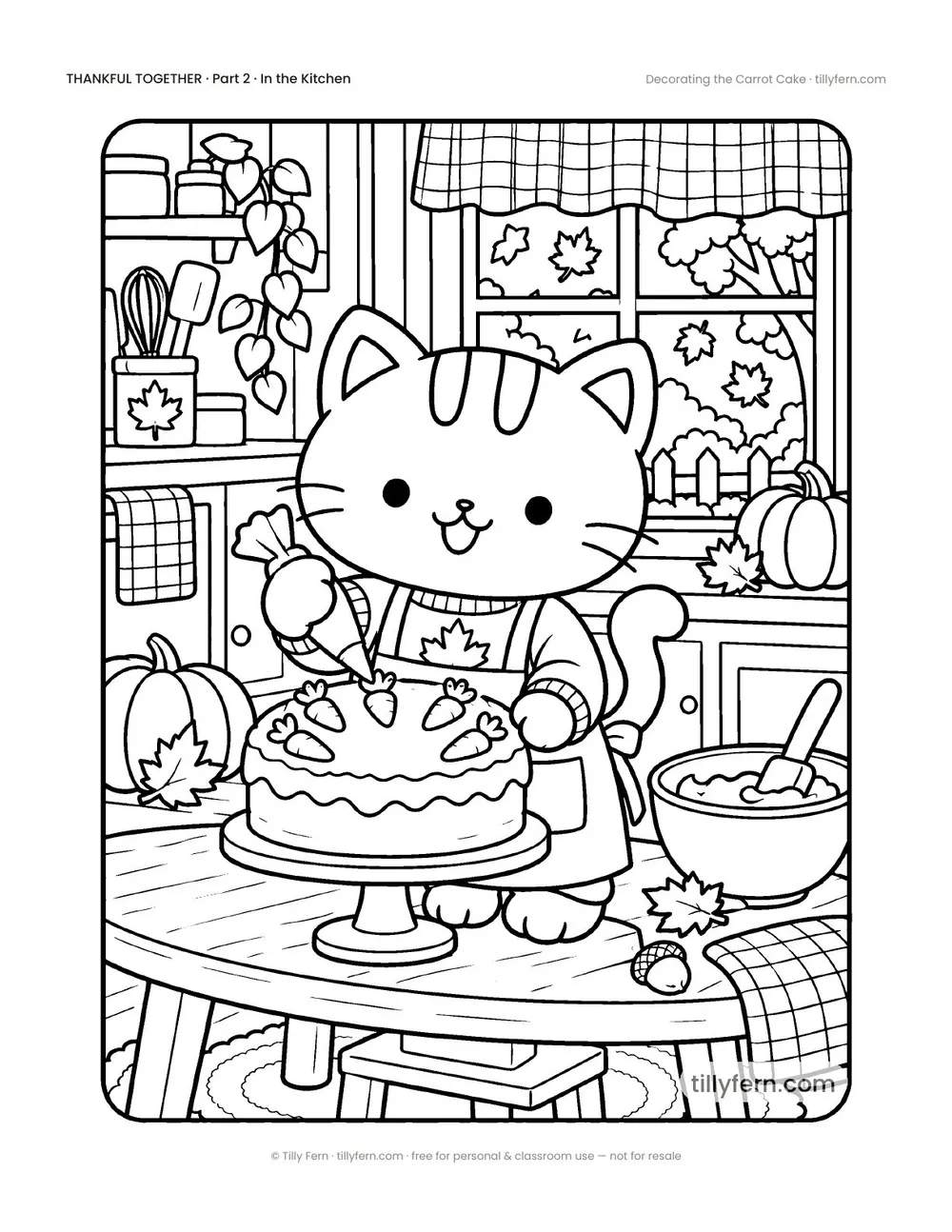 Decorating the Carrot Cake — free Thanksgiving coloring page with a cute kitty, from Thankful Together
