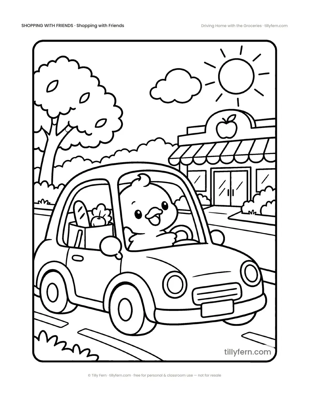 Driving Home with the Groceries — free grocery store coloring page from Shopping with Friends