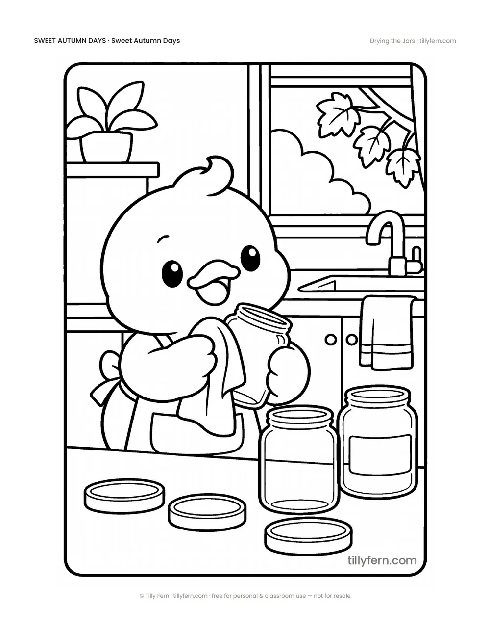 Drying the Jars — free cozy fall coloring page from Sweet Autumn Days