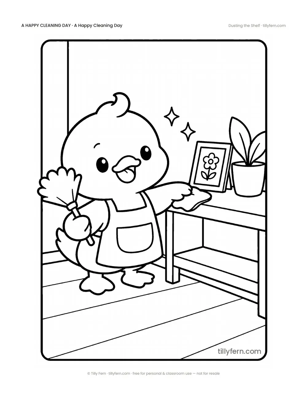 Dusting the Shelf — free cleaning coloring page from A Happy Cleaning Day
