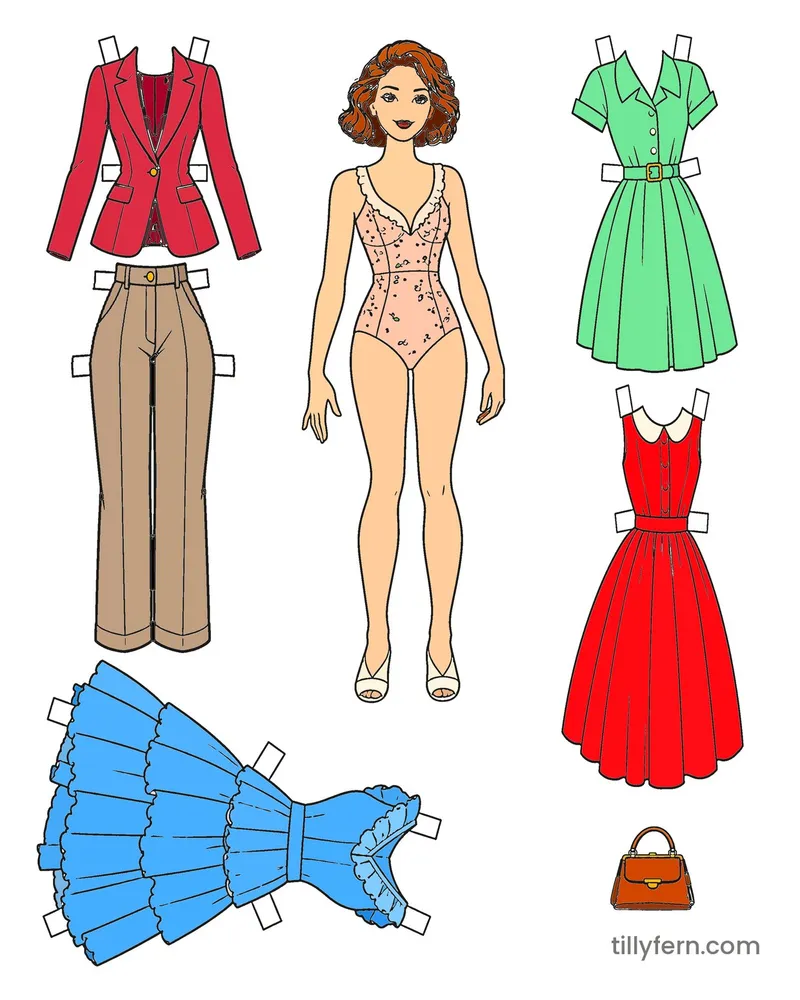 Everyday Wardrobe — Doll & Outfits — colored example of the coloring page in bright colors