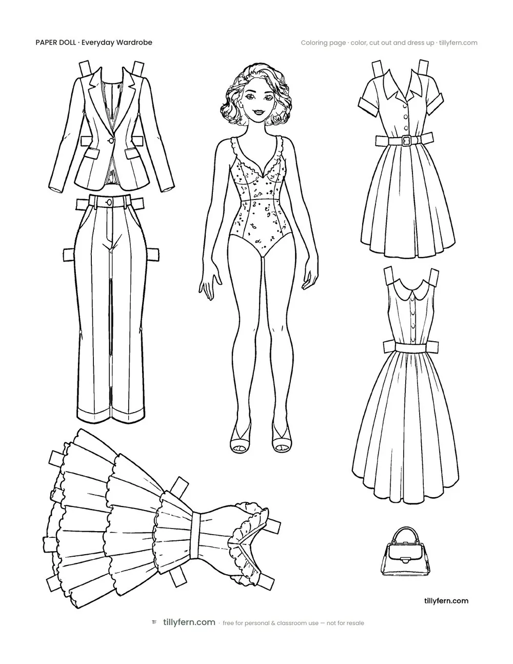 Everyday Wardrobe — Doll & Outfits — free printable paper doll coloring page