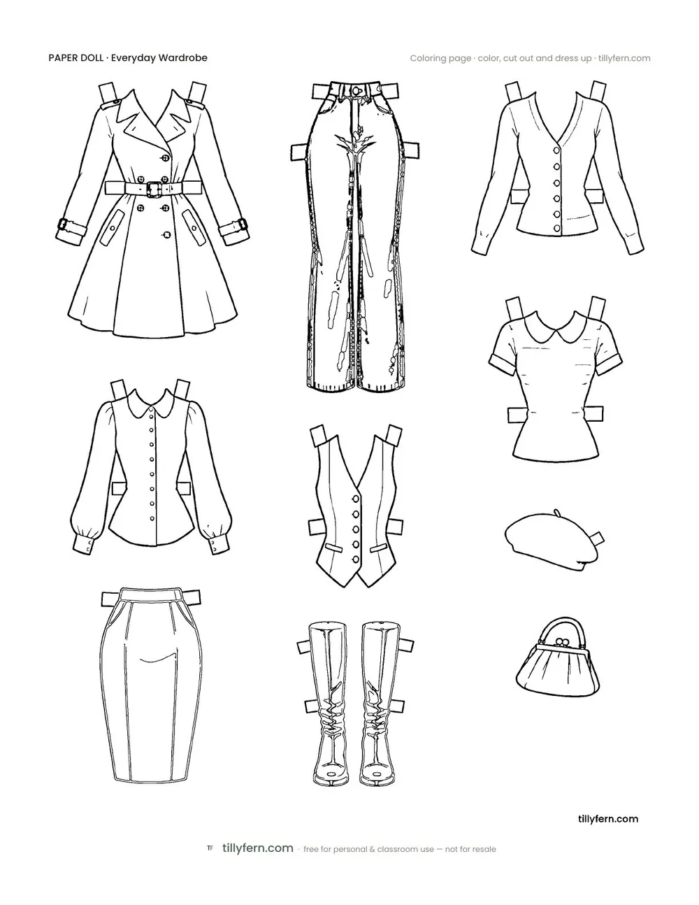 Everyday Wardrobe — More Outfits — free printable paper doll coloring page