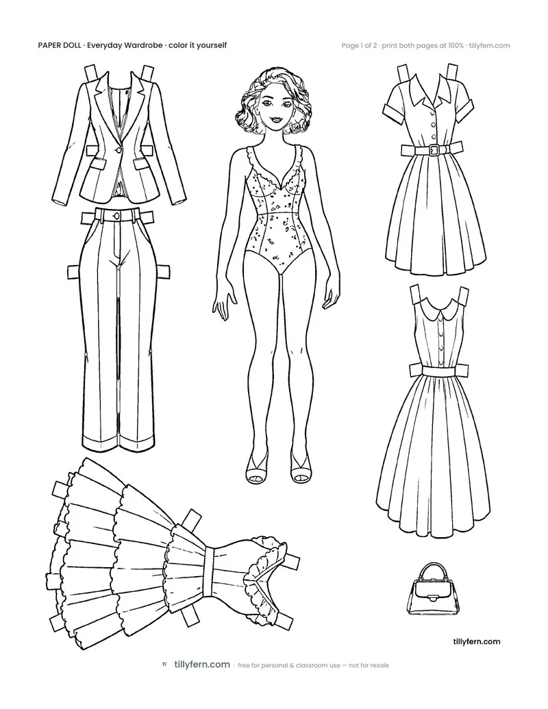 Everyday Wardrobe — black and white paper doll and clothes to color in