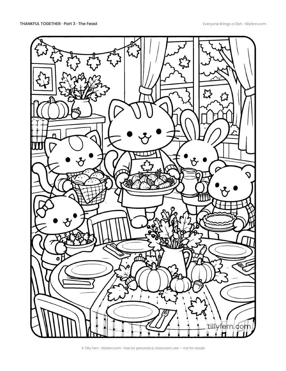 Everyone Brings a Dish — free Thanksgiving coloring page with a cute kitty, from Thankful Together
