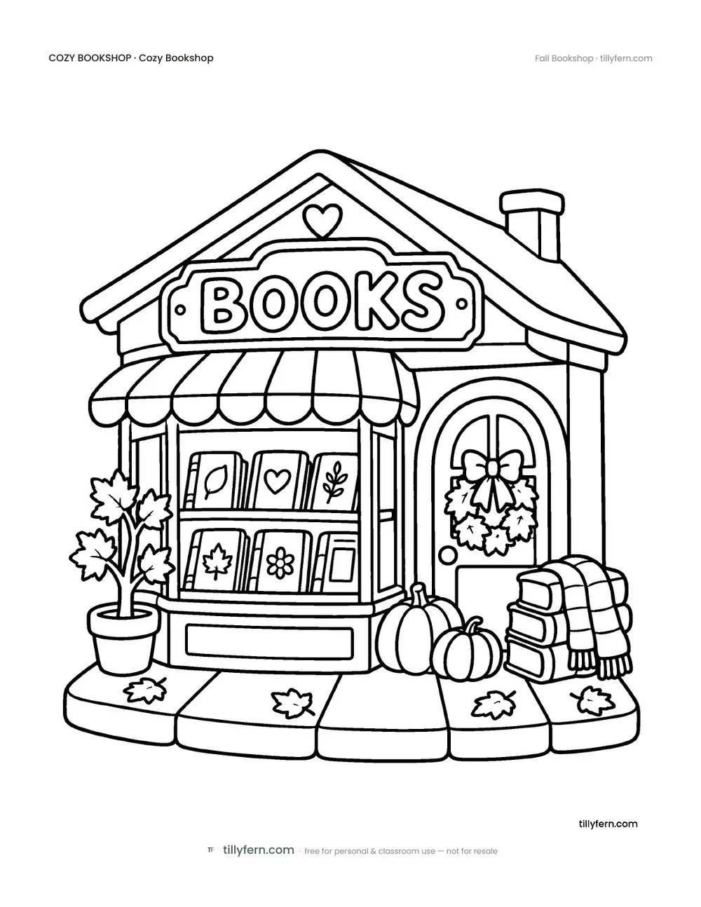 Fall Bookshop — free bookshop coloring page from Cozy Bookshop