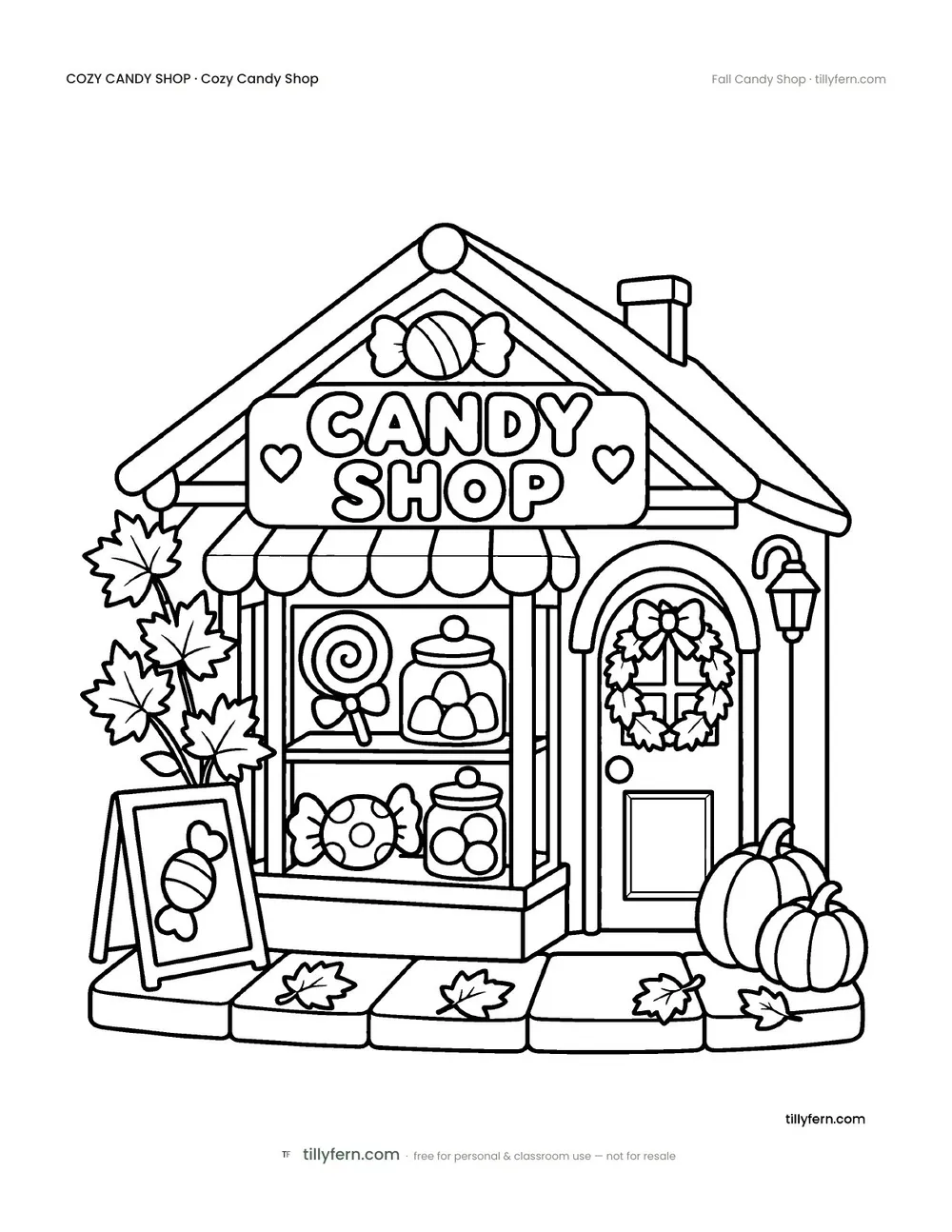 Fall Candy Shop — free candy shop coloring page from Cozy Candy Shop