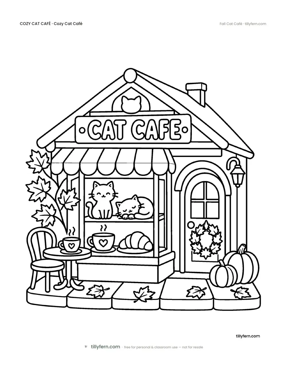 Fall Cat Café — free cat café coloring page from Cozy Cat Café