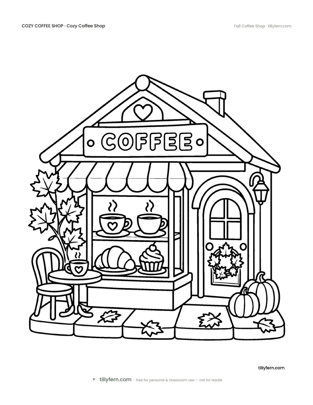 Fall Coffee Shop — free coffee shop coloring page from Cozy Coffee Shop