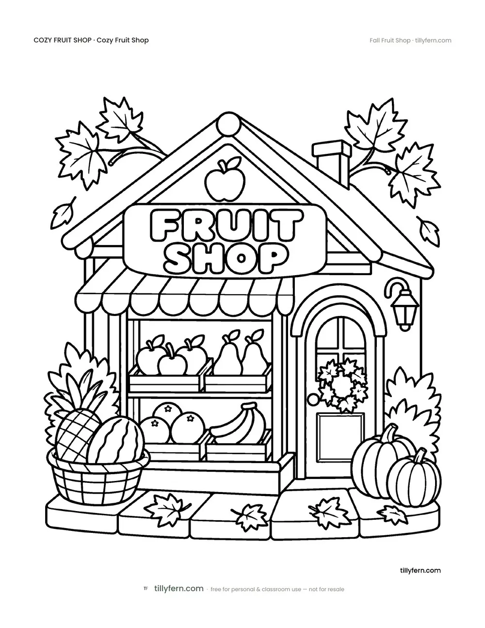 Fall Fruit Shop — free fruit shop coloring page from Cozy Fruit Shop