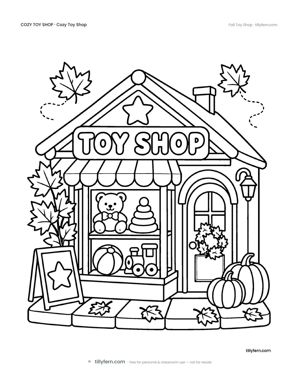 Fall Toy Shop — free toy shop coloring page from Cozy Toy Shop