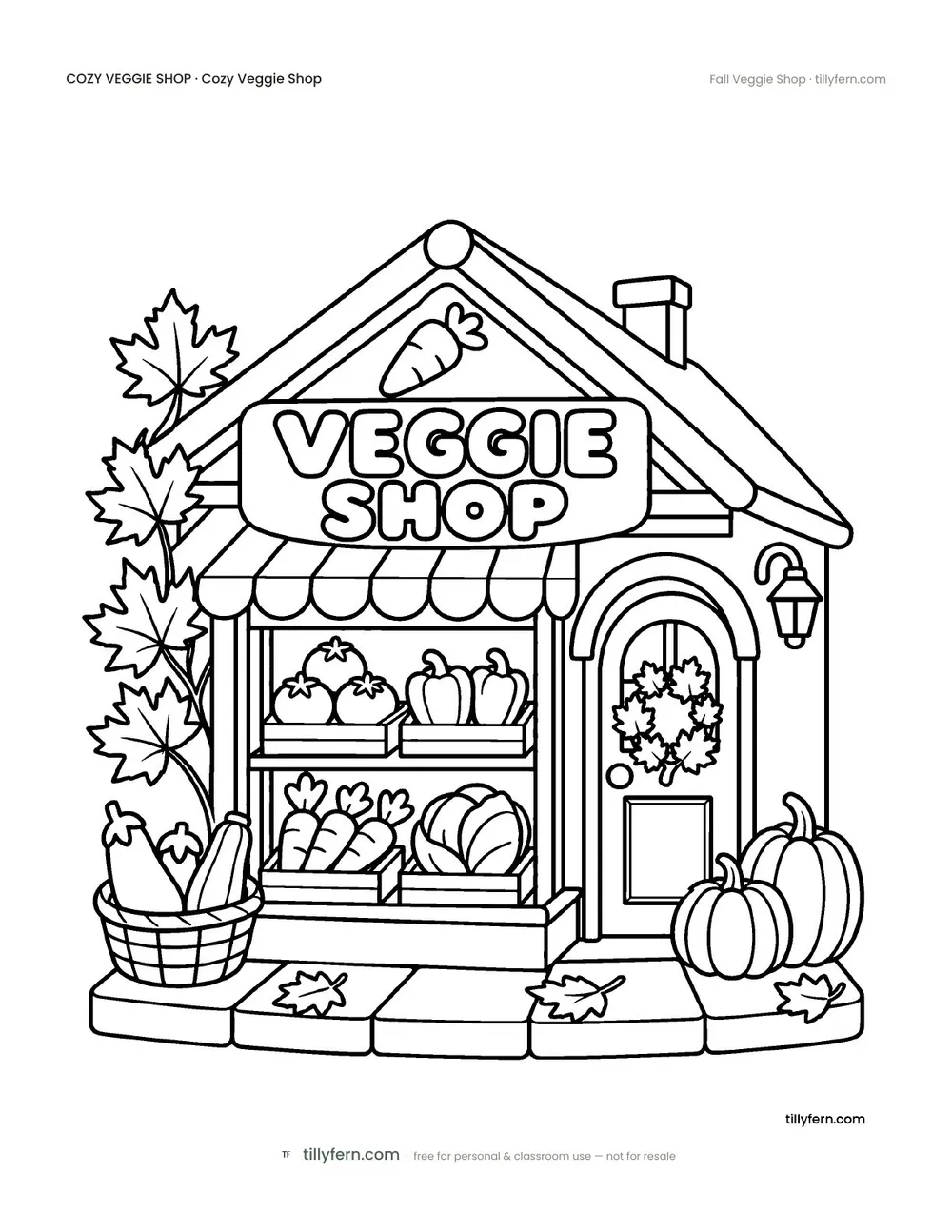 Fall Veggie Shop — free veggie shop coloring page from Cozy Veggie Shop