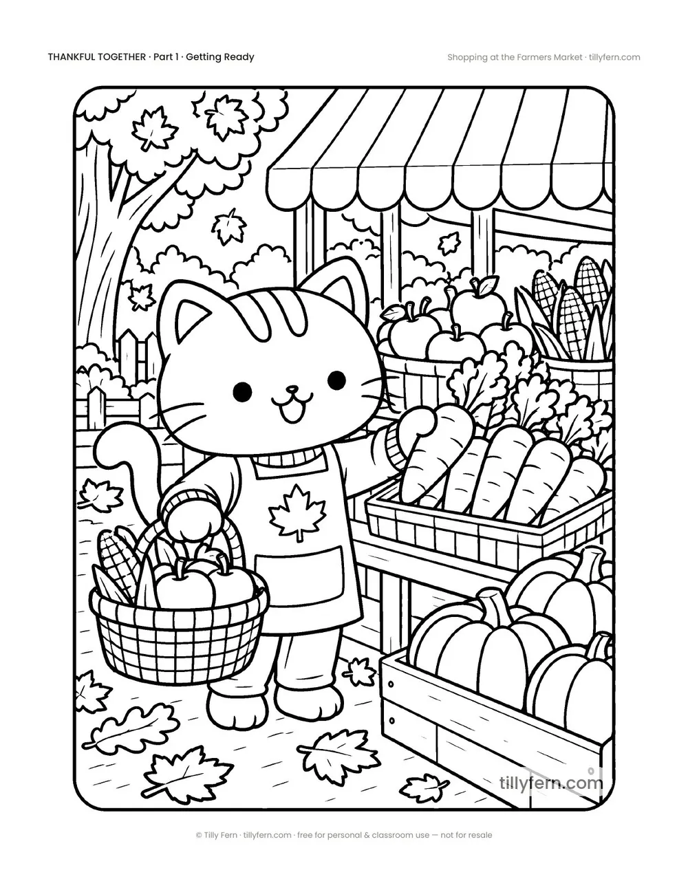 Shopping at the Farmers Market — free Thanksgiving coloring page with a cute kitty, from Thankful Together