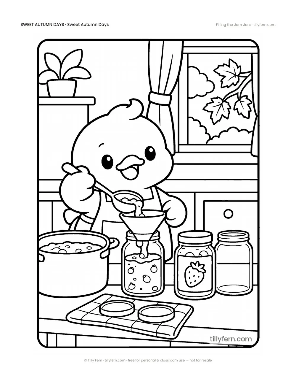 Filling the Jam Jars — free cozy fall coloring page from Sweet Autumn Days