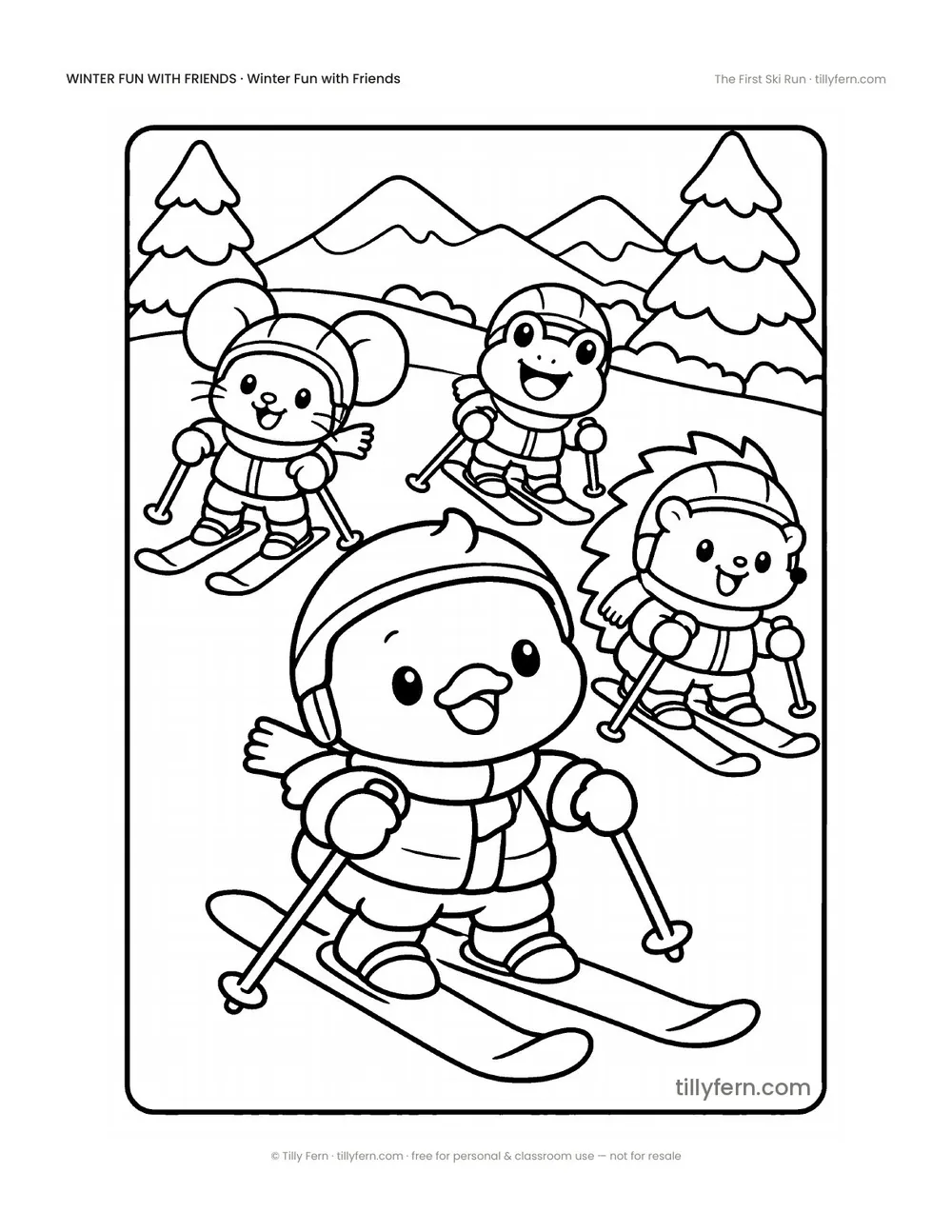 The First Ski Run — free winter coloring page from Winter Fun with Friends