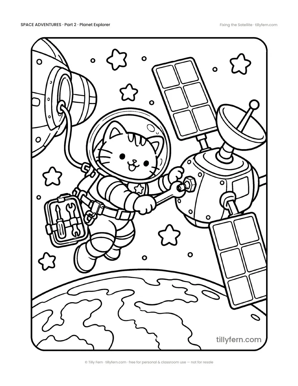 Fixing the Satellite — free space coloring page from Space Adventures